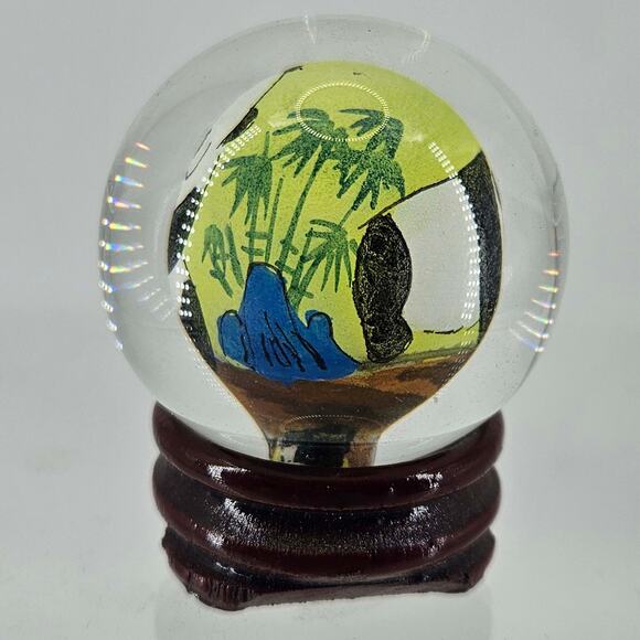 Vintage Reverse Chinese Glass Ball Pandas Paperweight Hand Painted With Stand - Picture 2 of 4